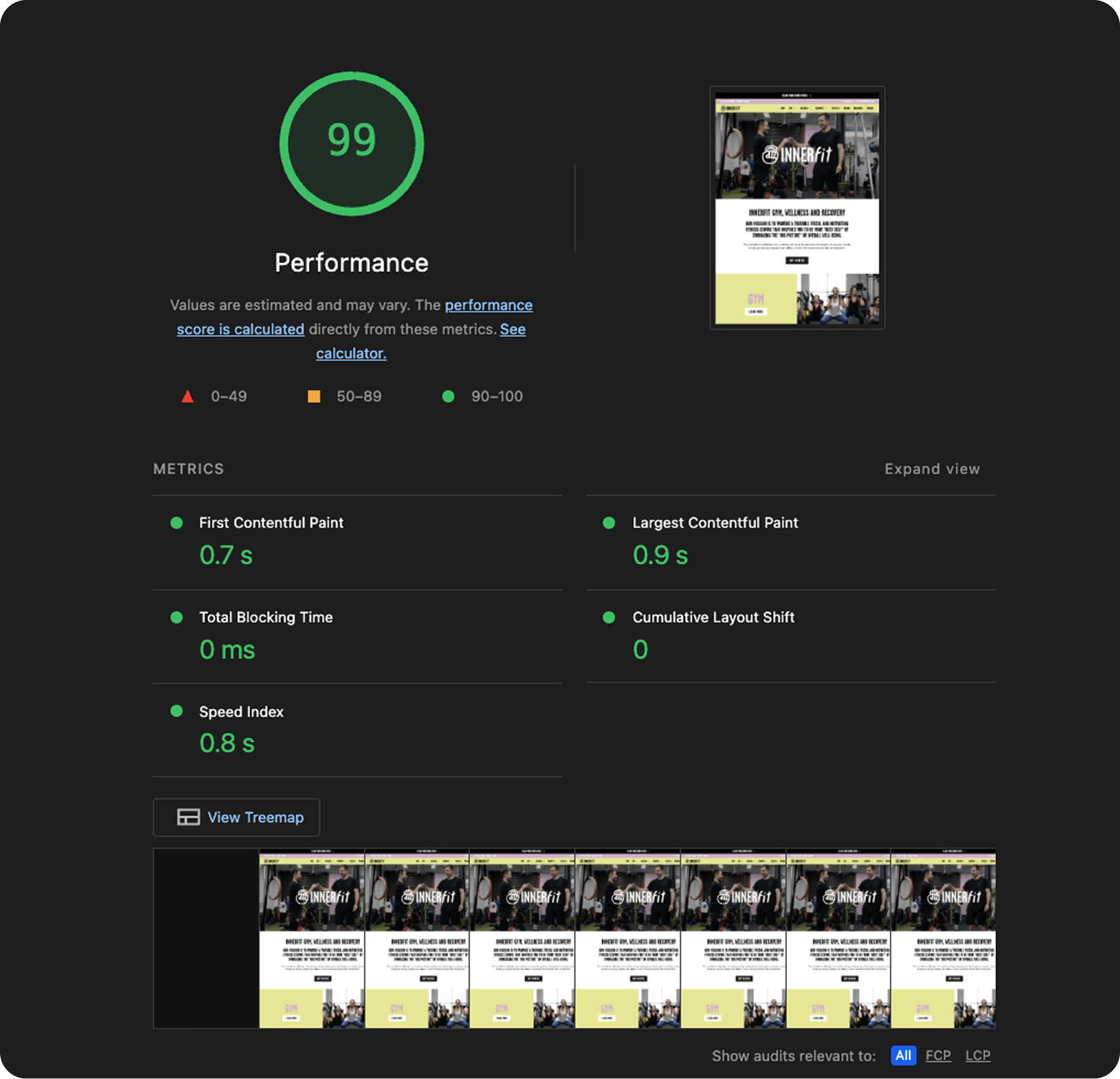 Google Lighthouse performance report showing a score of 99 with fast load metrics